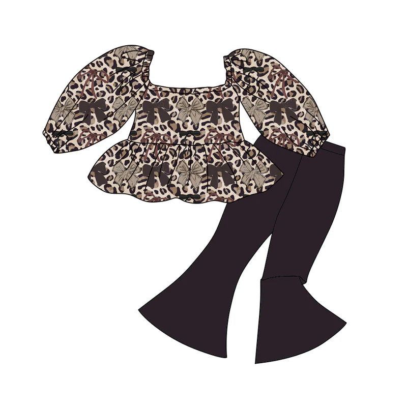 X12.16 Preorder (moq 5)Baby Girls Leopard Bows Ruffle Tunic Bell Bottom Pants Western Clothes Sets
