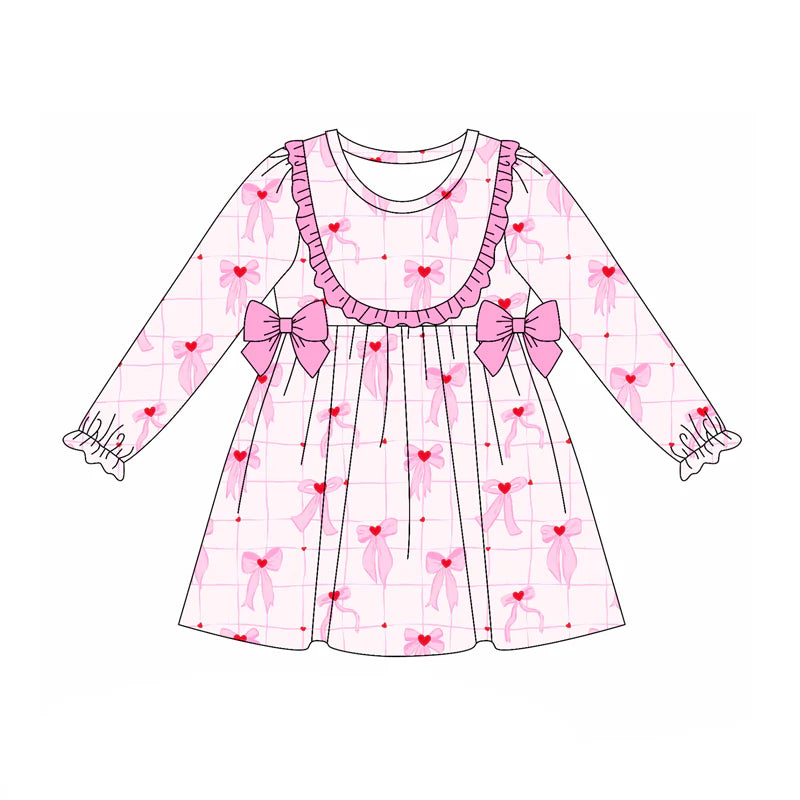 7.21Preorder (moq 5)Baby Girls Long Ruffle Sleeves Pink Hearts Bows Plaid Knee Length Dress