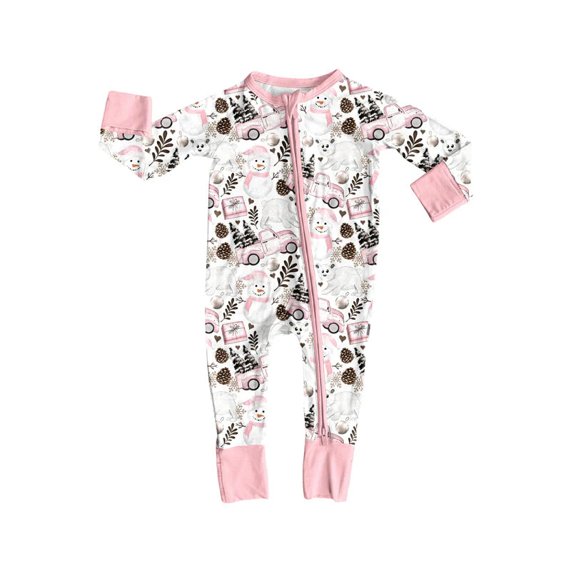 7.14Preorder (moq 5)Baby Girls Long Sleeves Pink Snowman Trees Trucks Zipper Romper