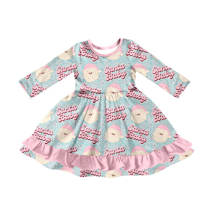 7.11Preorder (moq 5)Baby Girls Long Sleeves Pink Santa Babe Plaid Ruffle Knee Length Dresses