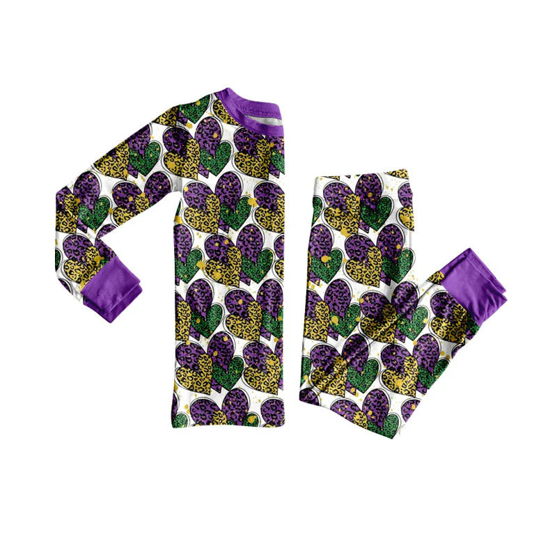 X925Preorder (moq 5)Baby Girls Leopard Hearts Top Pants Mardigras Pajamas Sets