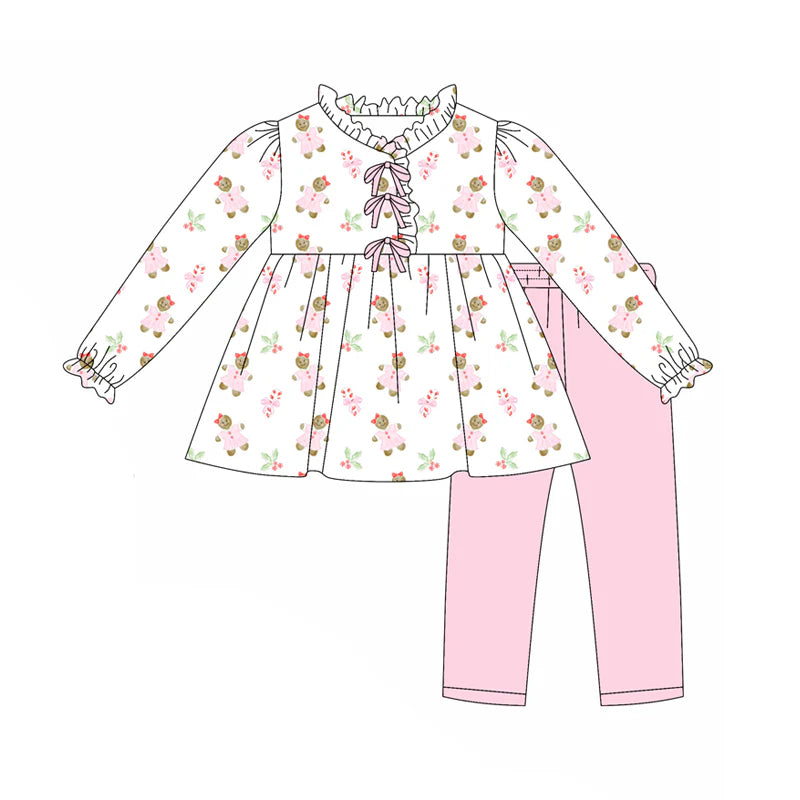 7.31preorder(moq 5) Baby Girls Long Sleeves Pink Gingerbread Holly Tunic Legging Pants Set