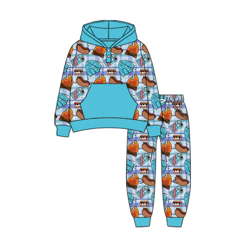 7.30Preorder(moq 5) Baby Boys Long Sleeves Food Camping Pockets Button Hoodies Pants Set