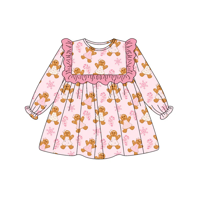 7.11Preorder (moq 5)Baby Girls Long Ruffle Sleeves Pink Bows Gingerbread Knee Length Dress