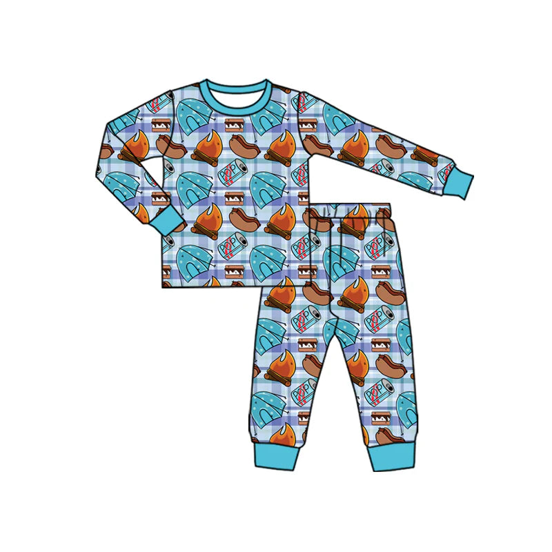 7.30Preorder(moq 5) Baby Boys Long Sleeves Food Camping Plaid Top Pants Pajamas Set