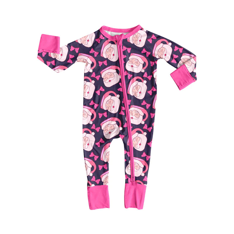 8.8Preorder(moq 5)Baby Boys Pink Santa Bows Plaid Christmas Zipper Footie Rompers