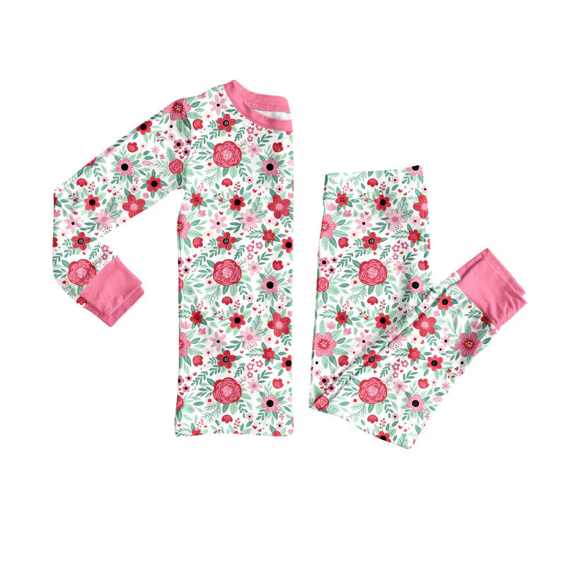 X923Preorder (moq 5)Baby Girls Long Sleeve Pink Flowers Bows Top Pant Pajamas Sets