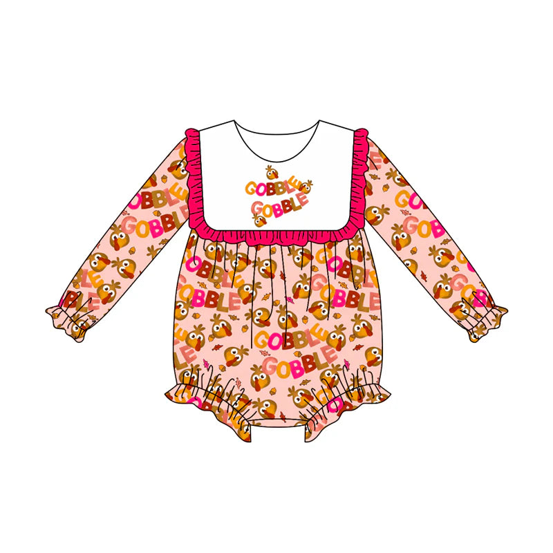 7.14Preorder (moq 5)Baby Girls Long Sleeves Turkey Leaves Plaid Gobble Ruffle Romper