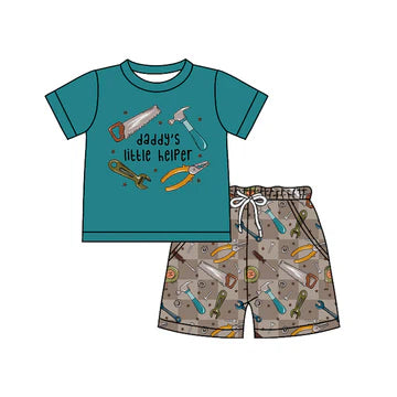 5.5 Dark green cartoon tool boy short-sleeved suit