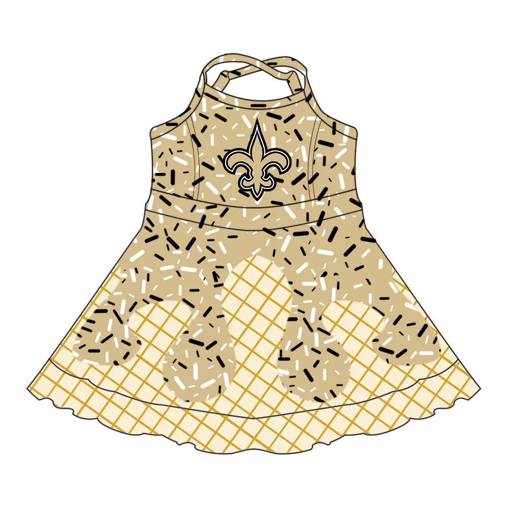 7.3Preorder (moq 5)Baby Girls Strap Drip Yellow Anchors Shorts Ruffle Team Knee Length Dresses