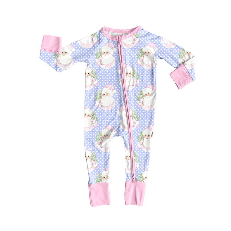 7.14Preorder (moq 5)Baby Girls Long Sleeves Pink Polka Dots Santa Plaid Zipper Romper