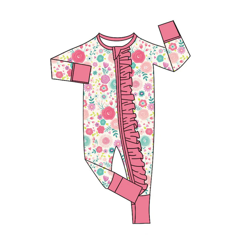 X11.12Preorder (moq 5)Baby Girls Colorful Flowers Two Way Ruffle Zip Convertible Rompers