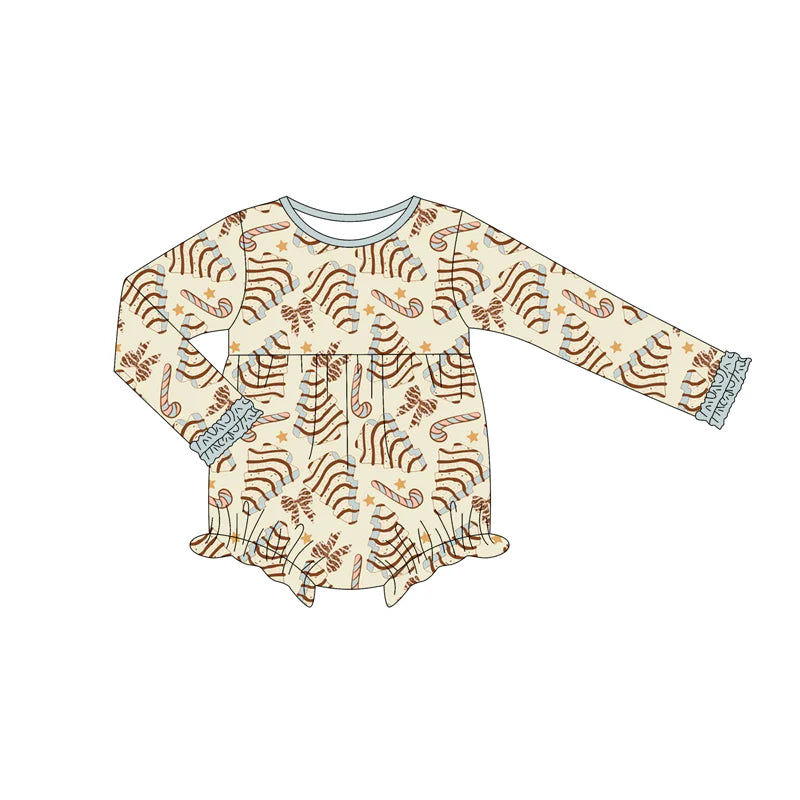 7.14Preorder (moq 5)Baby Girls Long Sleeves Yellow Trees Bows Candy Cane Ruffle Romper
