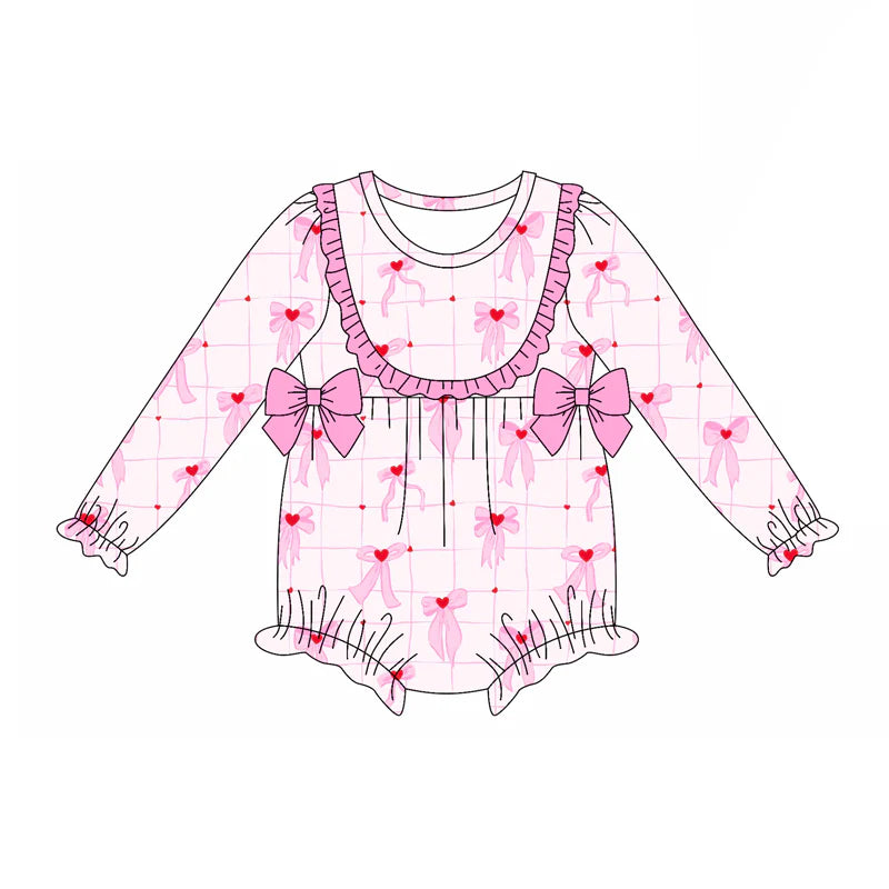 7.19Preorder(moq 5)Baby Girls Pink Hearts Bows Plaid Ruffle Rompers