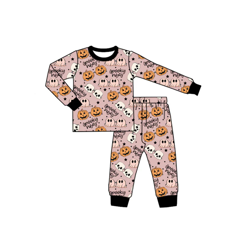 7.16Preorder (moq 5)Baby Boys Brown Long Sleeves Ghost Pumpkins Top Pant Pajamas Set