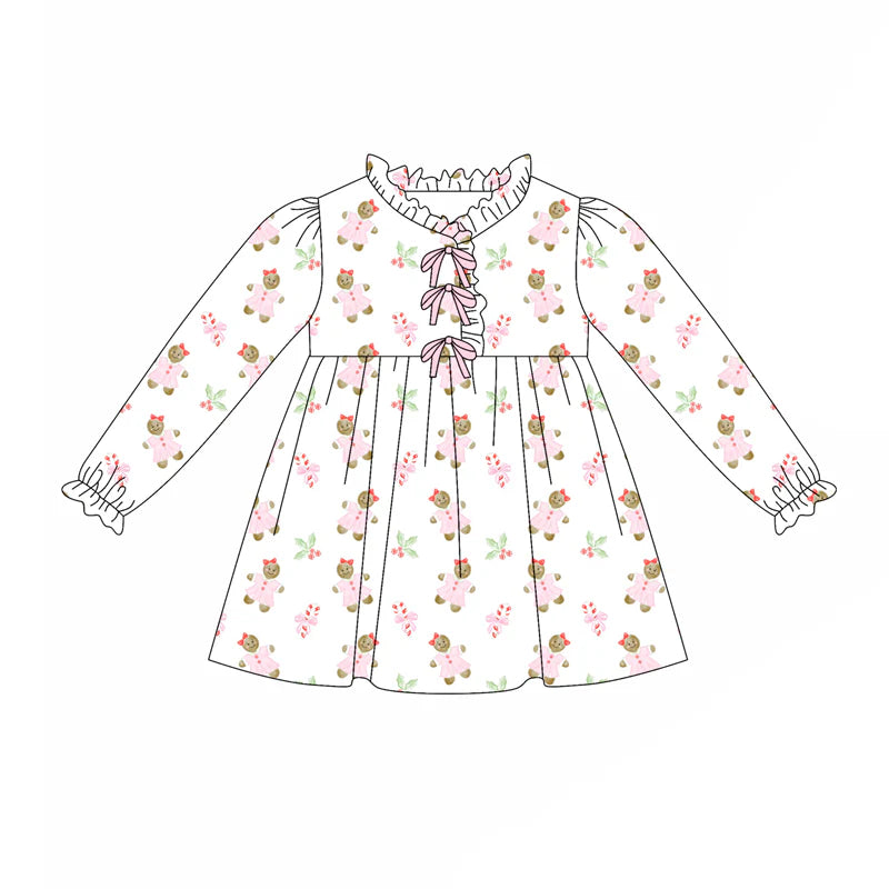 7.31preorder(moq 5) Baby Girls Long Sleeves Pink Gingerbread Holly Plaid Knee Length Dress