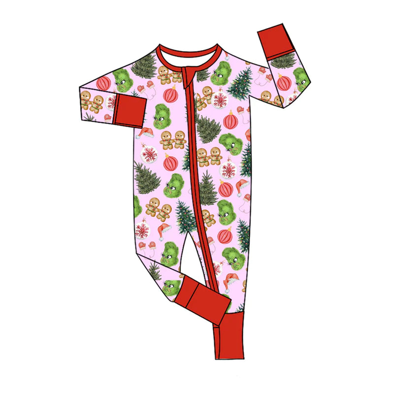 8.12Preorder(moq 5)Baby Boys Christmas Trees Gingerbread Frogs Zipper Footie Rompers