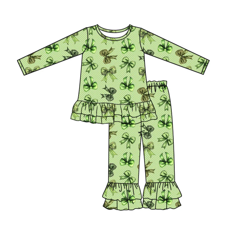8.11Preorder(moq 5) Baby Girls Green Checkered Face Bows Christmas Top Ruffle Pants Clothes Sets