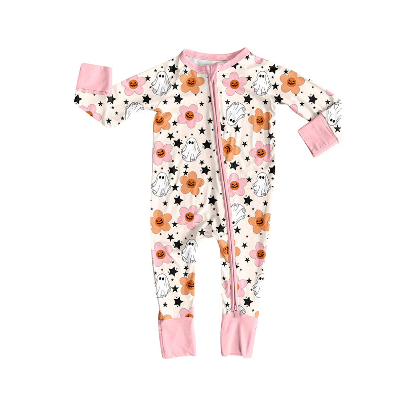 8.4Preorder(moq 5)Baby Infant Boys Ghost Flowers Halloween Zipper Rompers