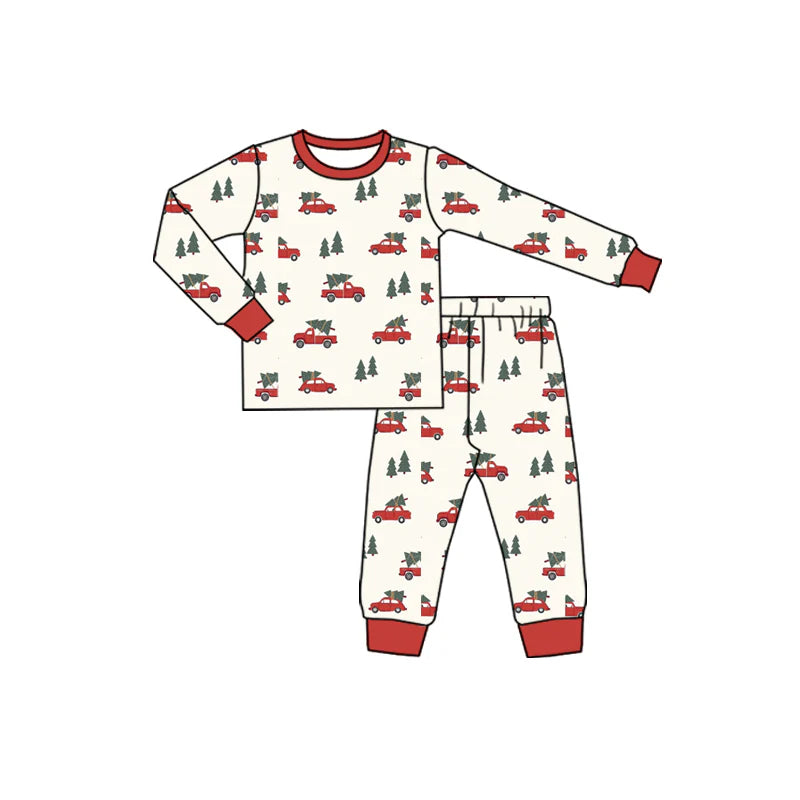 7.10Preorder (moq 5)Baby Boys Long Sleeves Red Trees Trucks Top Pant Pajamas Clothes Set