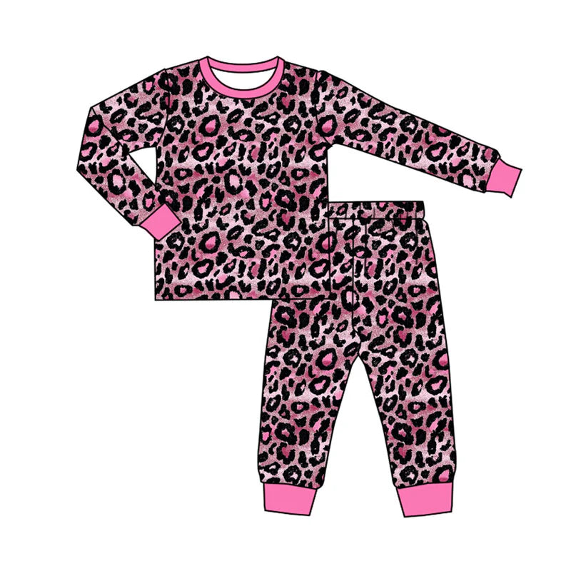 X920 Preorder (moq 5)Baby Boys Pink Black Leopard Top Pants Pajamas Sets