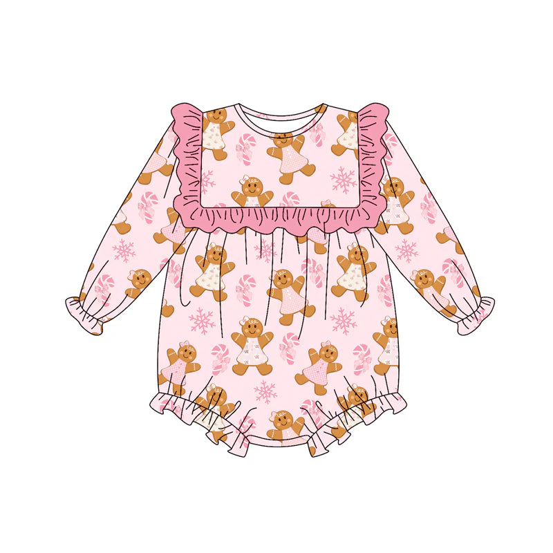 7.15Preorder (moq 5)Baby Girls Long Sleeves Pink Gingerbread Bows Candy Cane Ruffle Romper