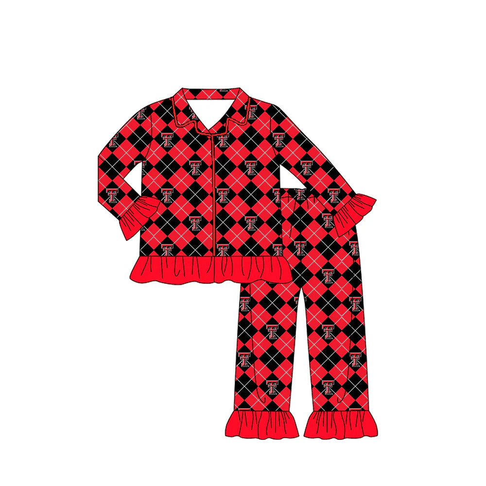 X902Preorder moq 5 Baby Girls Texas Tech Team Buttons Red Checkered Top Pants Pajamas Clothes Sets