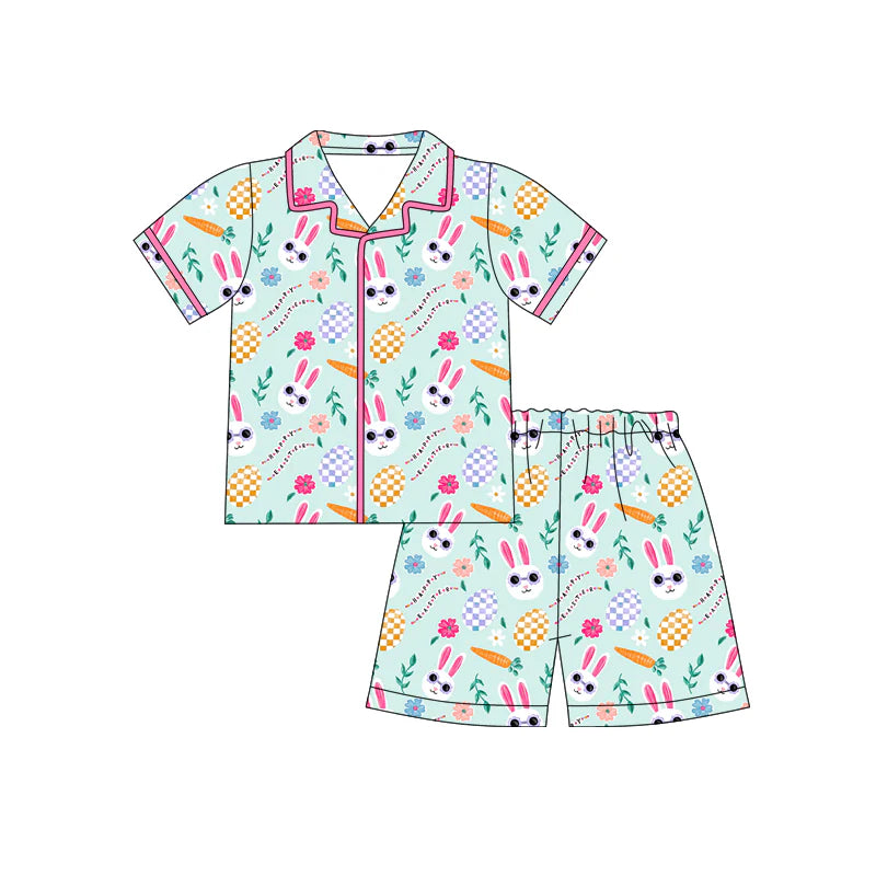 X12.19 Preorder (moq 5)Baby Girls Rabbits Eggs Flowers Button Top Shorts Easter Pajamas Sets