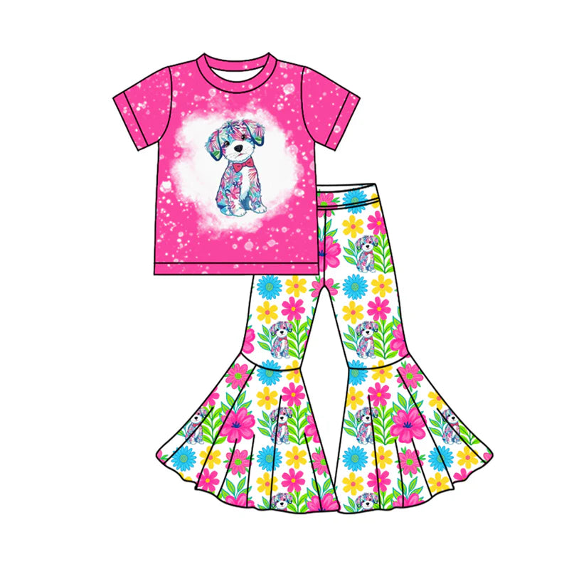 X12.20 Preorder(moq 5)Baby Girls Short Sleeve Floral Dogs Top Bell Bottom Pants Clothes Sets