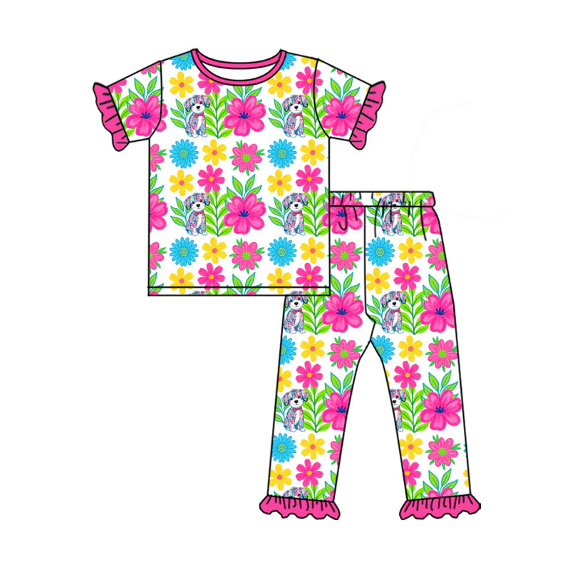 X12.20 Preorder(moq 5)Baby Girls Short Sleeve Floral Dogs Top Ruffle Pants Pajamas Sets