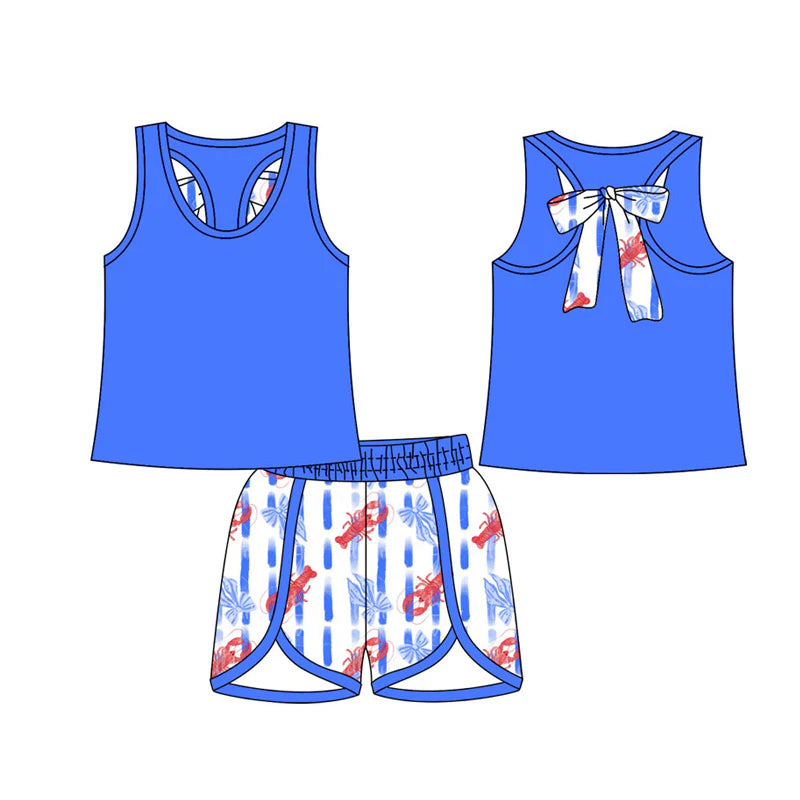 X12.20Preorder (moq 5)Baby Girls Sleeveless Back Bows Top Crayfishes Stripe Short Clothes Sets