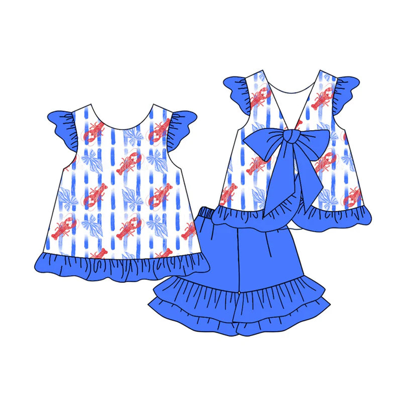 X12.20 Preorder (moq 5)Baby Girls Crayfishes Stripe Back Bows Tunic Ruffle Short Clothes Sets