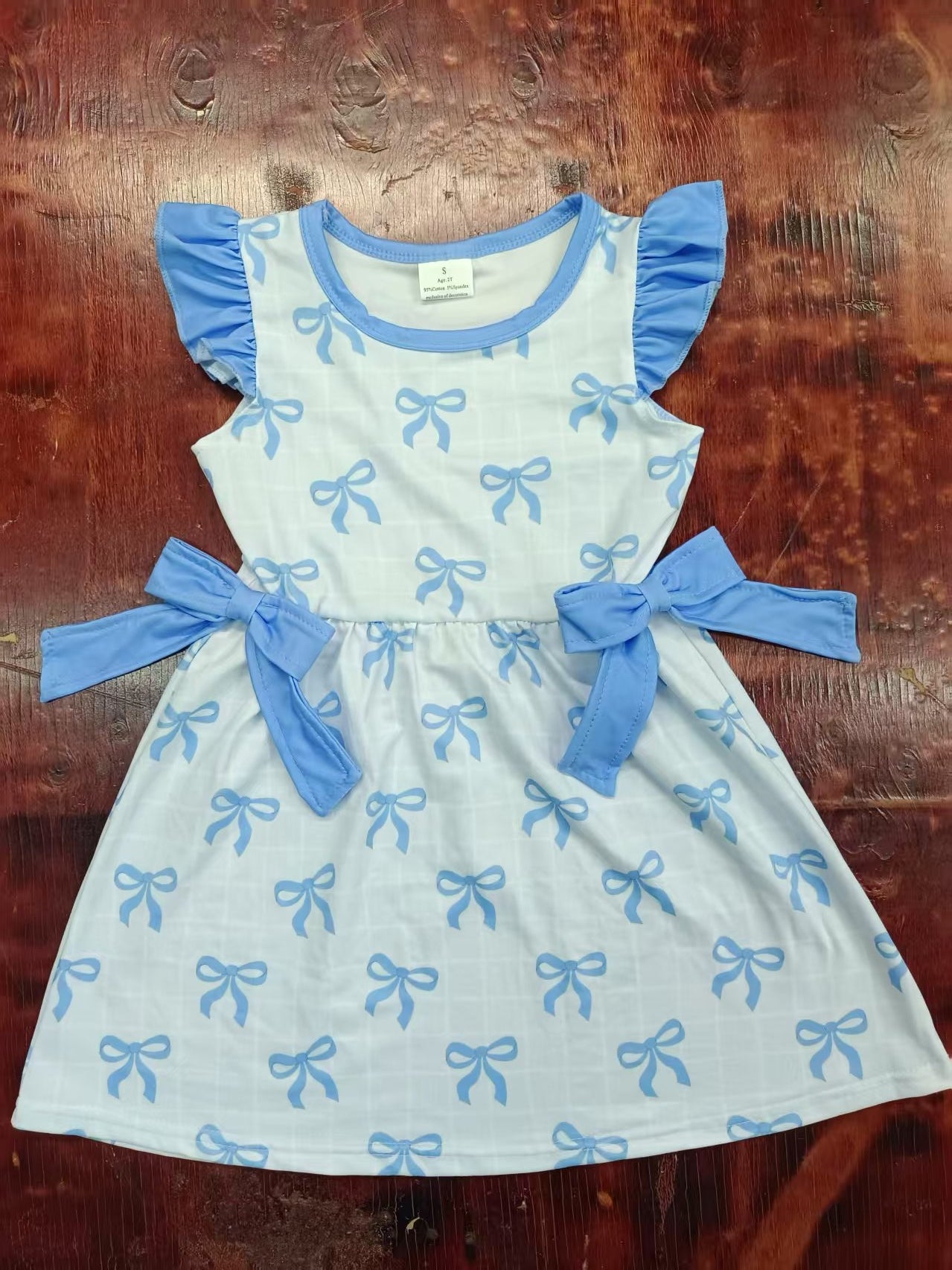 4.25Preorder moq 5 Baby Girls Blue Flutter Sleeves Bows Button Knee Length Dresses
