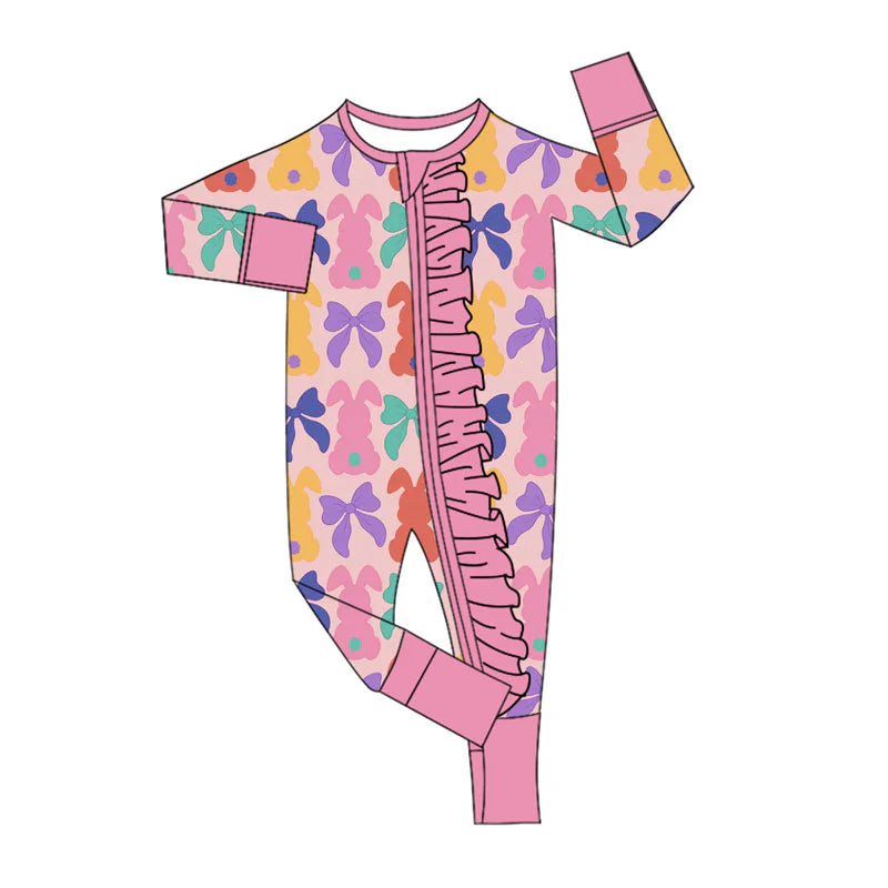 X923Preorder (moq 5)Baby Girls Colorful Bows Rabbits Easter Ruffle Zipper Footie Rompers