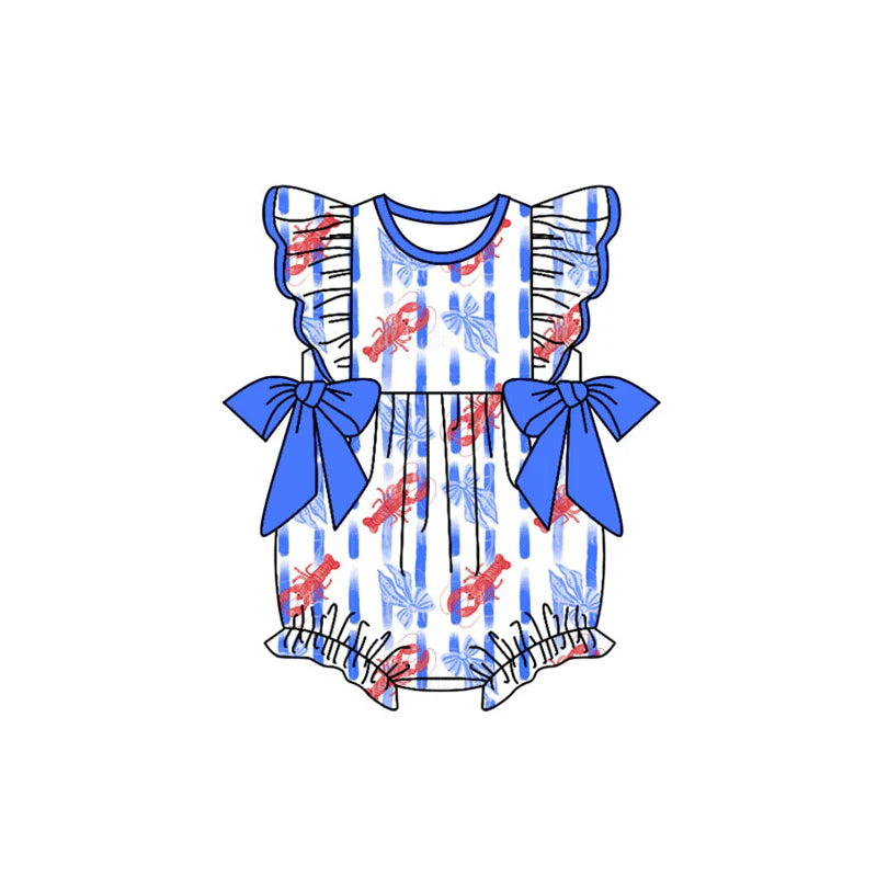 X12.19 Preorder (moq 5)Baby Girls Flutter Sleeve Crayfishes Bows Stripe Ruffle Rompers