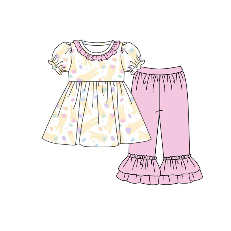 X920Preorder (moq 5)Baby Girls Yellow Rabbits Tunic Ruffle Pants Easter Clothes Set