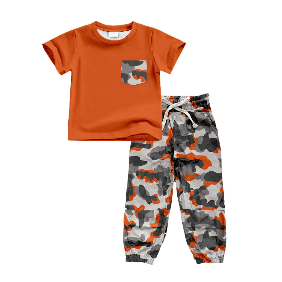 X12.19 Preorder(moq 5)Baby Boys Orange Top Southern Grey Camo Pockets Pants Clothes Sets
