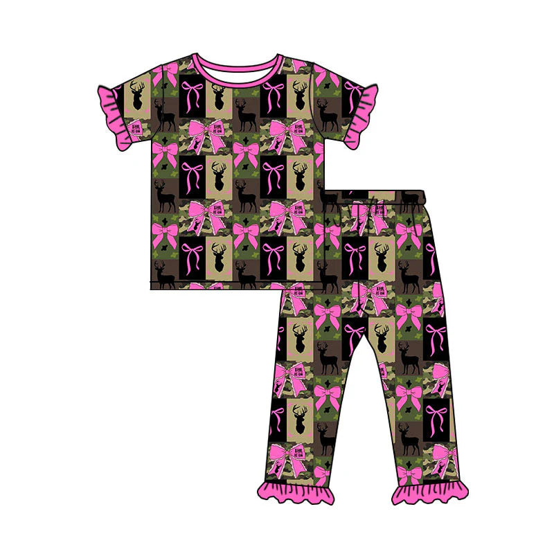 X1.13 Preorder (moq 5)Baby Girls Camo Deer Checked Bows Top Ruffle Pants Hunting Pajamas Sets