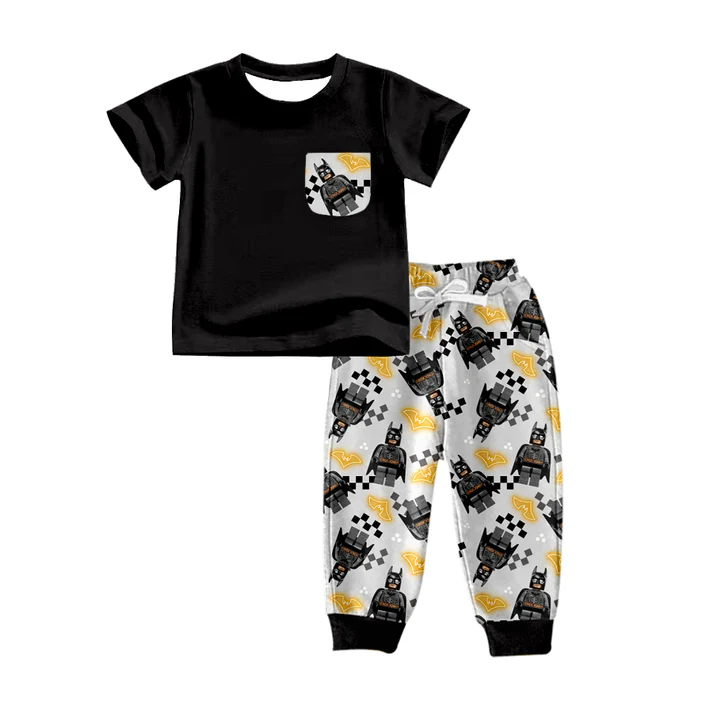 5.16 Black Pocket Short Sleeve Long Pants Suit