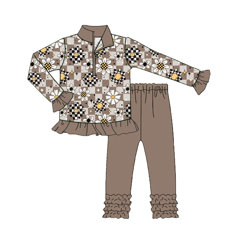 8.1preorder(moq 5) Baby Girls Long Ruffle Sleeves Flowers Plaid Zipper Top Legging Pants Set