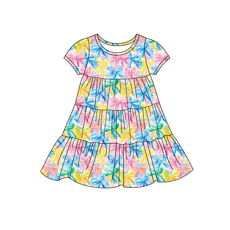 X11.20Preorder(moq 5) Baby Girls Colorful Bows Patchwork Ruffle Knee Length Dresses