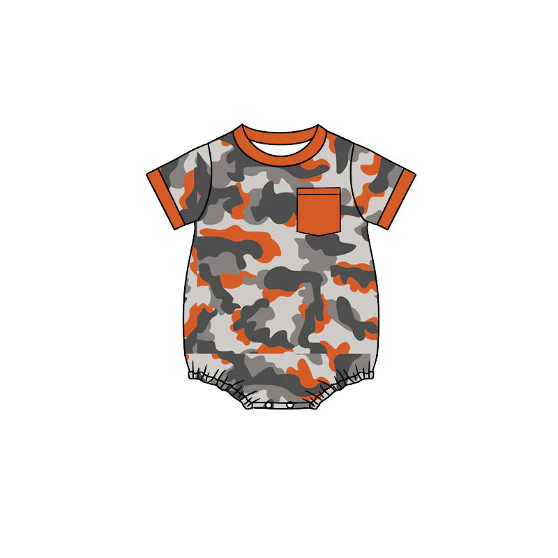 X12.19Preorder (moq 5)Baby Boys Short Sleeve Southern Orange Grey Camo Pockets Rompers