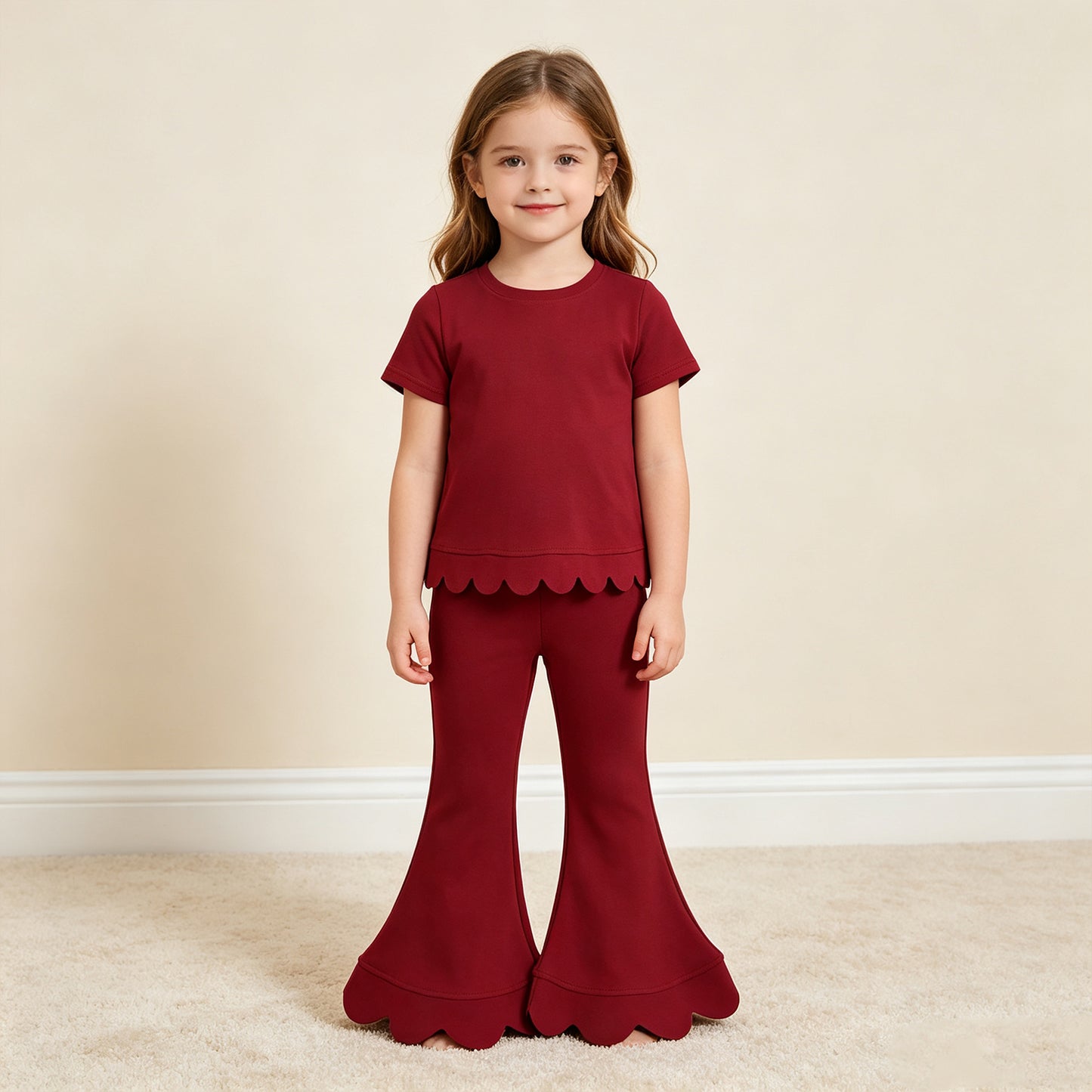 NEW RTS NO MOQ cotton GSPO2344(GT1774+P1082)Baby Girls Maroon Short Sleeve Shirts Top Flare Pant Scallop Sets