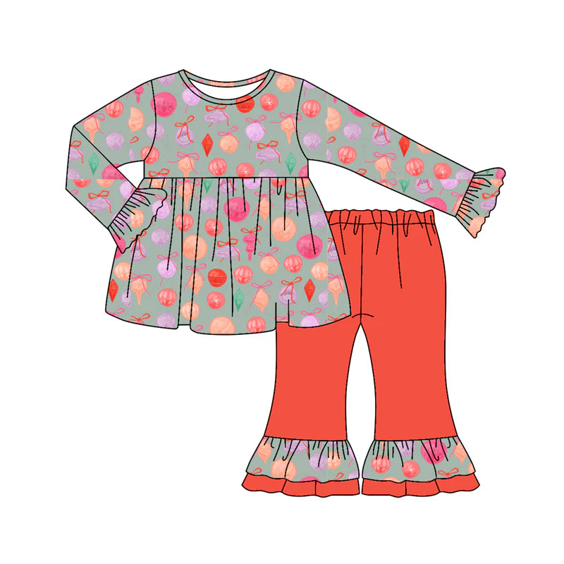 7.16Preorder (moq 5)Baby Girls Long Ruffle Sleeves Lights Bows Plaid Tunic Flare Pants Set
