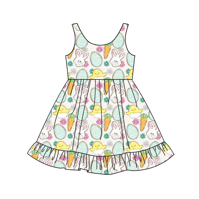X12.15 Preorder (moq 5)Baby Girls Rabbits Bows HOP Easter Ruffle Knee Length Dresses
