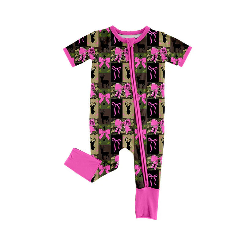X1.13 Preorder (moq 5)Baby Girls Camo Deer Checked Bows Hunting Two Way Zip Convertible Rompers
