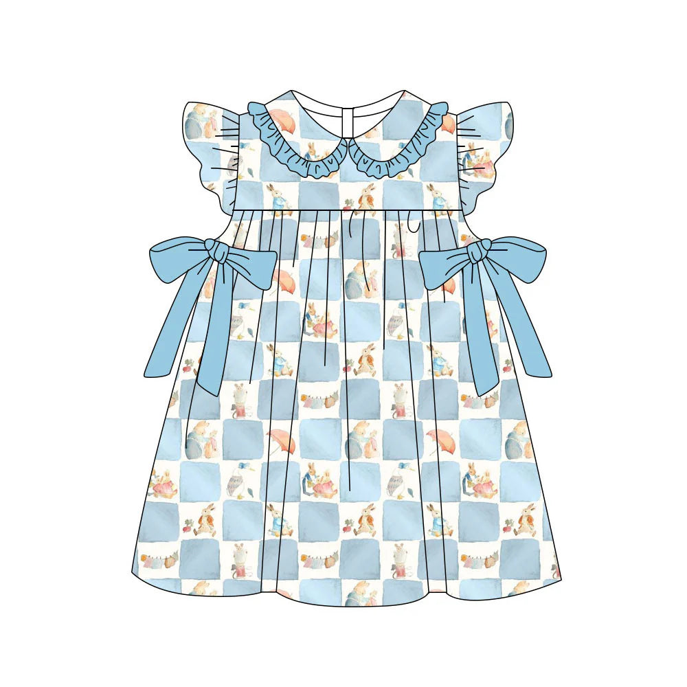 X11.17Preorder(moq 5) Baby Girls Blue Checked Rabbits Bows Easter Collar Knee Length Dresses