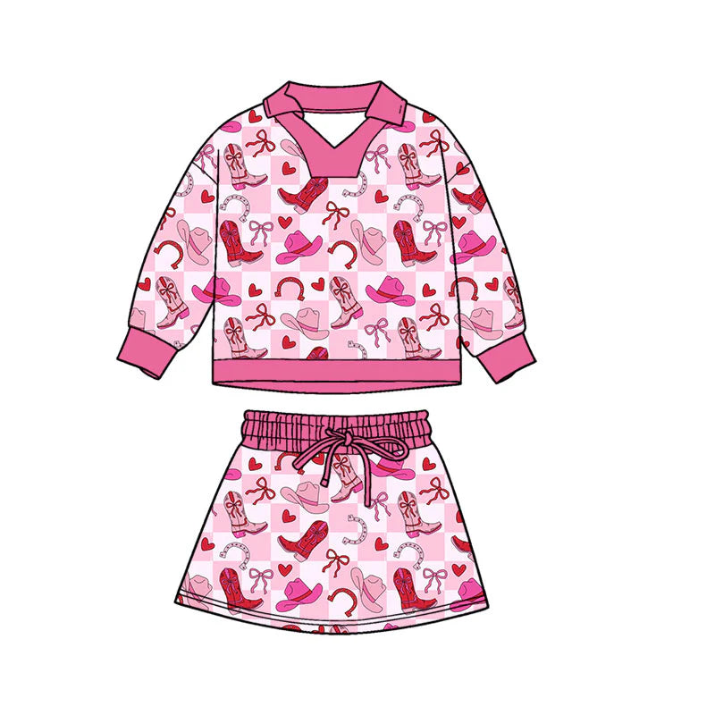 X11.13Preorder(moq 5) Baby Girls Pink Checked Boots Hearts Top Skirt Shorts Western Valentines Clothes Sets