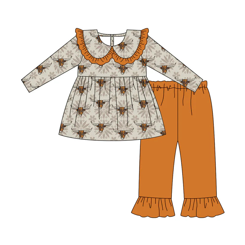 7.9Preorder (moq 5)Baby Girls Long Sleeves Flowers Bull Skull Tunic Ruffle Pant Clothes Set
