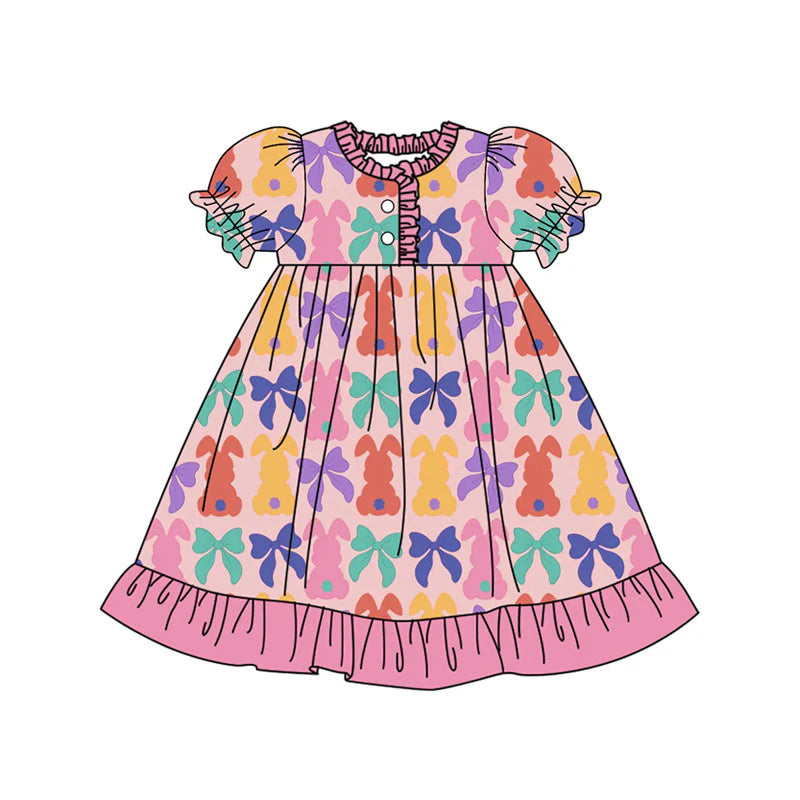 X923Preorder (moq 5)Baby Girls Colorful Bows Rabbits Easter Button Ruffle Knee Length Dresses